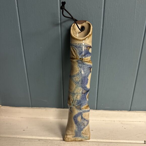 Vintage Pottery Raku Fired Glaze 10” WallVase Tan Blue HandPainted - Picture 2 of 5